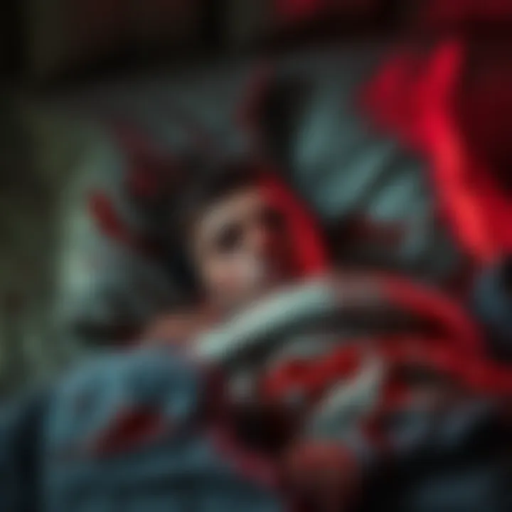 A person named Sam lying in bed, with blood and tar smeared on their skin, looking uneasy and messy before sleep.