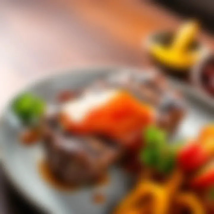 A juicy steak topped with a flavorful sauce served on a plate with garnishes