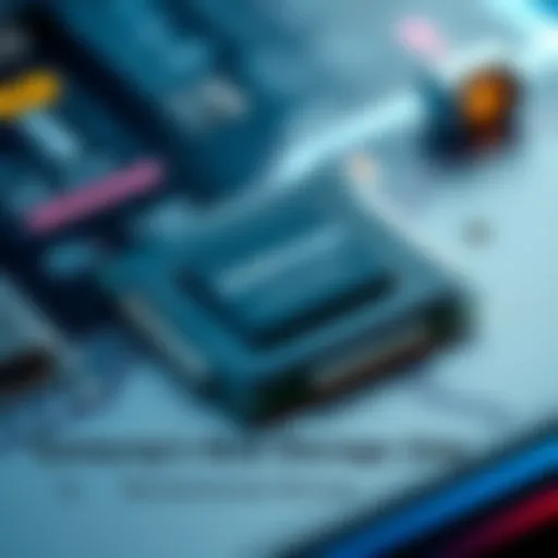 A close-up view of Samsung's compact storage chip, highlighting its small size and advanced technology, with a background showing a mobile device.