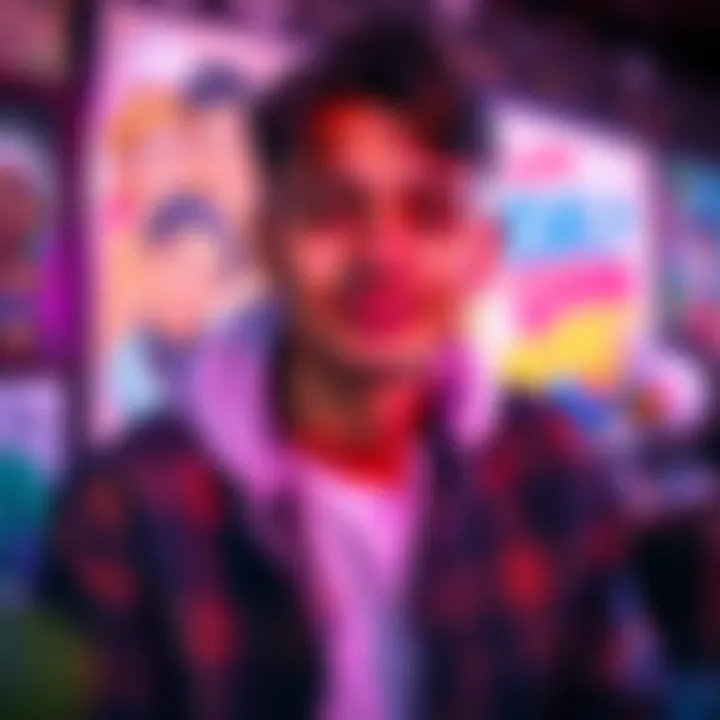 Samuel posing with creative artwork in a colorful setting, showcasing his unique style on Instagram.