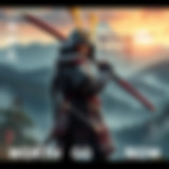 A samurai warrior in traditional armor holding a katana, standing in a scenic Japanese landscape.