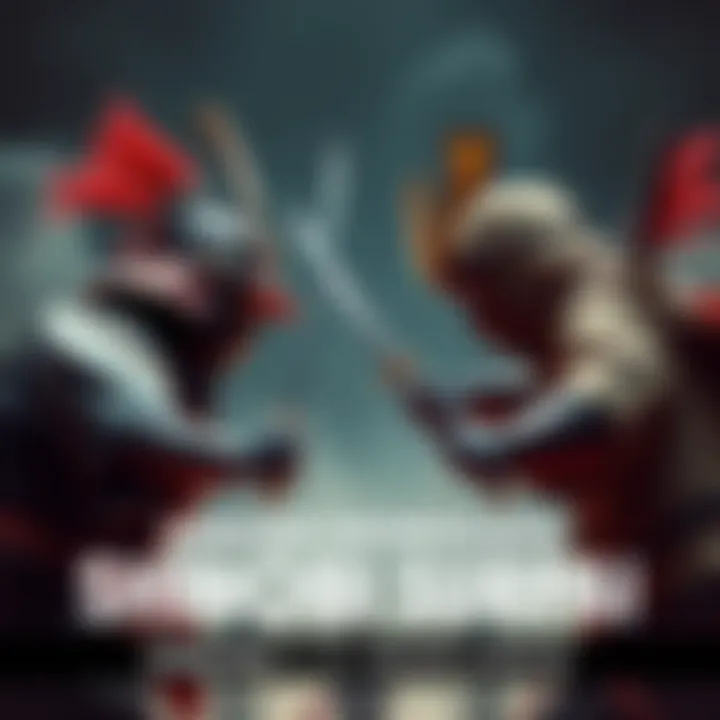 Samurai and Shinobi Combat Standoff A samurai and a shinobi face each other, ready for battle with distinct weapons and traditional attire, highlighting their unique fighting styles.