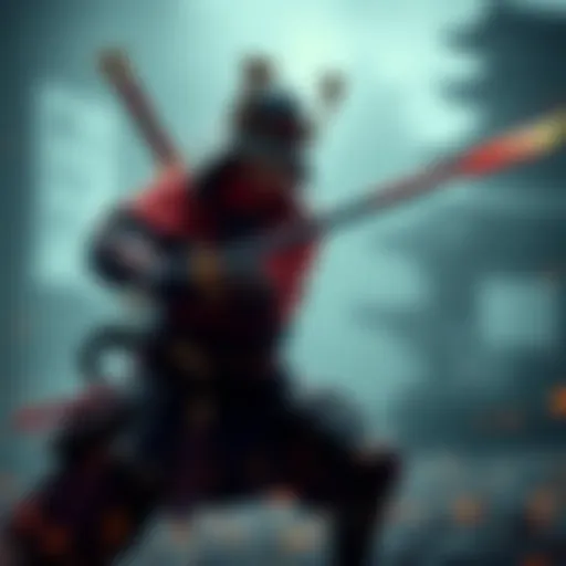 Samurai Warrior in Action A samurai warrior poised for battle, showcasing skill and agility reminiscent of gameplay in Ghost of Tsushima and Sekiro.