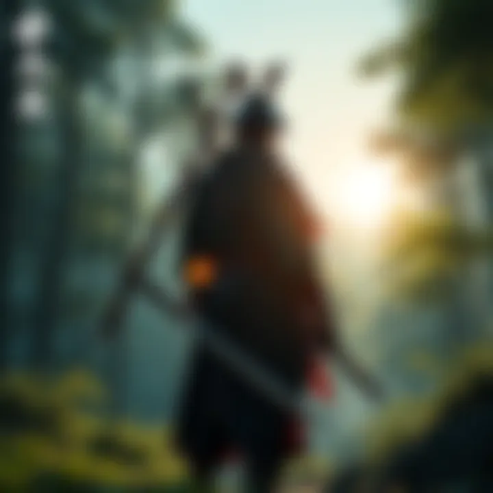 A samurai warrior stands in a lush, green forest, holding a katana, looking ready for battle in Ghost of Tsushima.
