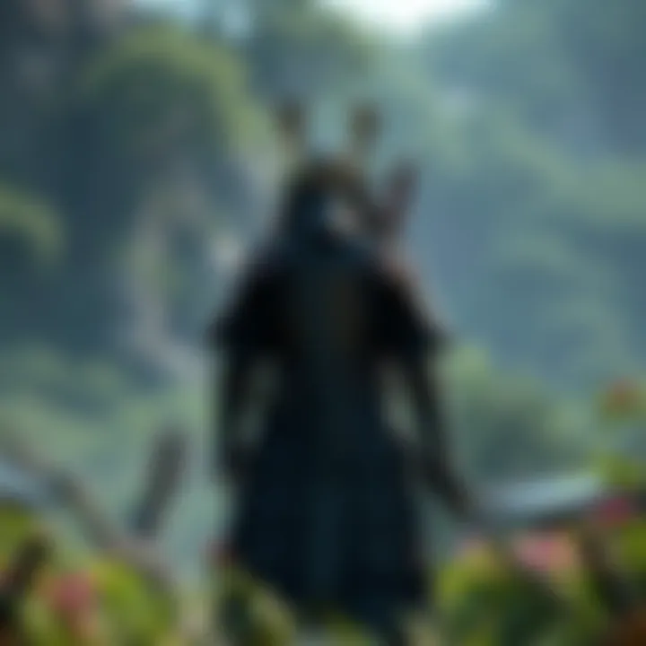 A samurai warrior stands ready for battle in a lush, green landscape from Ghost of Tsushima, showcasing traditional armor and a katana.