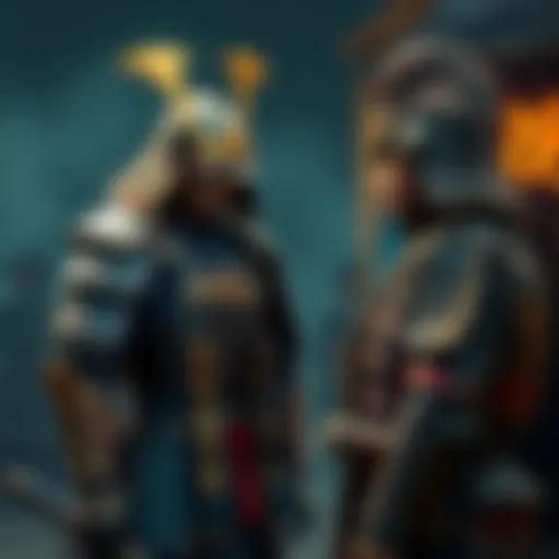 A beginner character examining samurai armor while standing next to Ronin attire, contemplating their next upgrade choice.