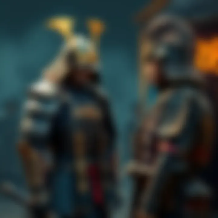 A beginner character examining samurai armor while standing next to Ronin attire, contemplating their next upgrade choice.