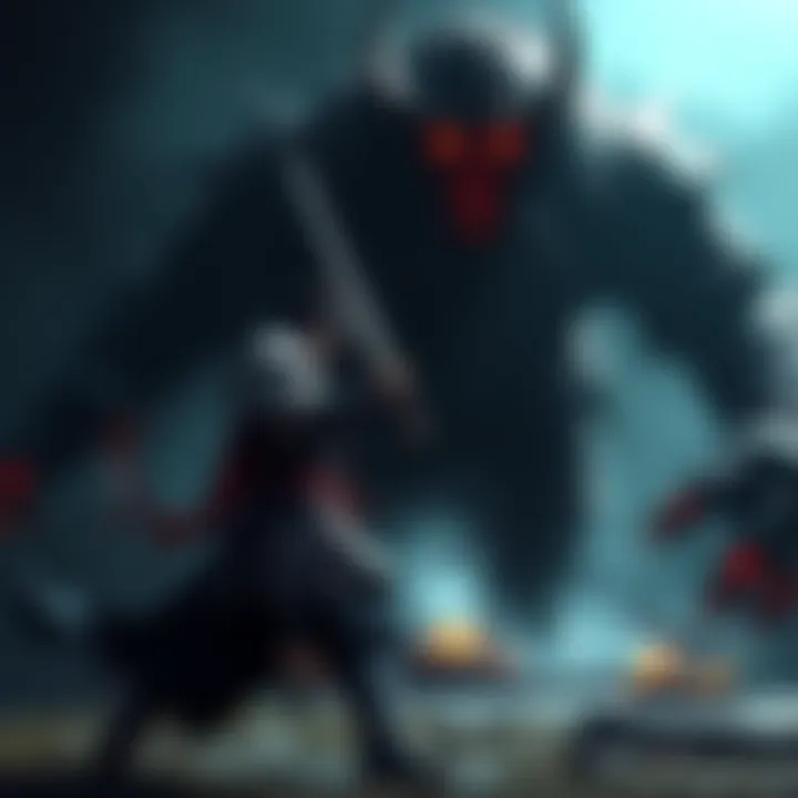 A samurai in traditional armor clashes with a large, intimidating enemy in a dark, intense setting.