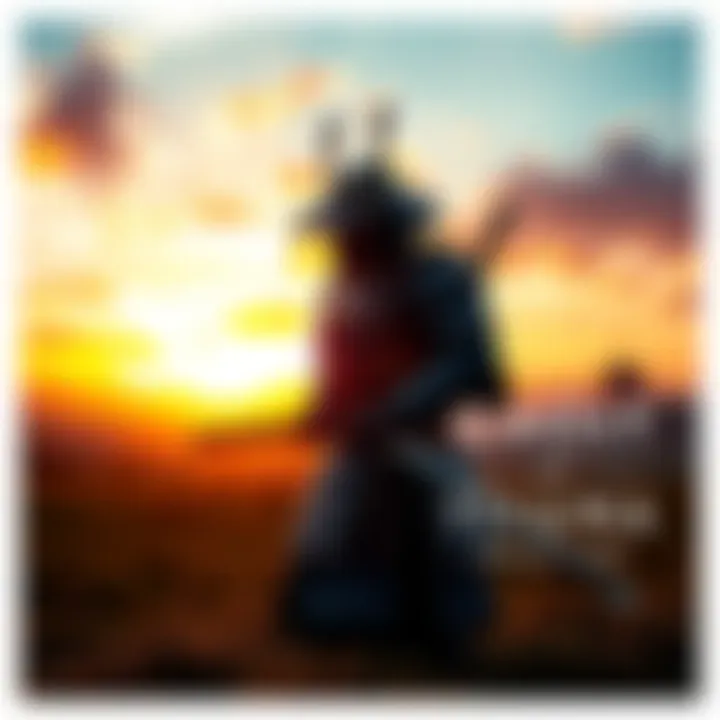 A samurai warrior dressed in traditional armor stands ready with a katana on a scenic battlefield during sunset.