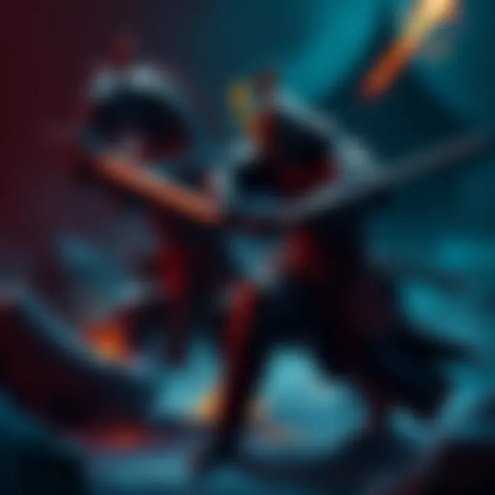 A Samurai character fights the Crucible Knight in a dark, intense setting, showcasing their skills and determination.