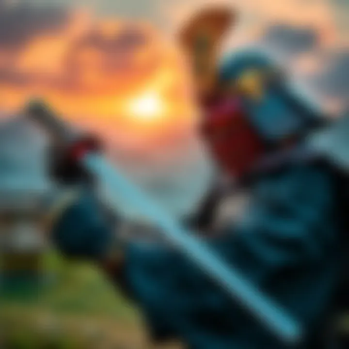 A samurai in traditional armor grips a katana, ready for battle in a scenic outdoor setting.