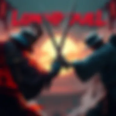 A tense moment in a samurai duel with low health, showcasing two characters facing off, swords drawn, in a dramatic gaming scene.