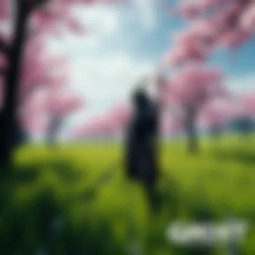 A samurai in traditional armor standing in a lush green field with cherry blossom trees