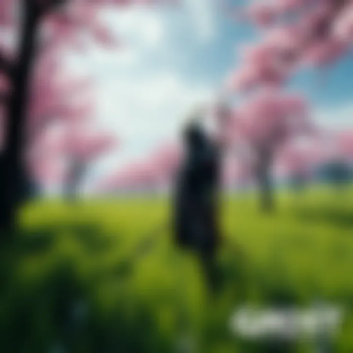 A samurai in traditional armor standing in a lush green field with cherry blossom trees