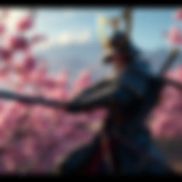 Samurai character in Ghost of Tsushima gear A samurai character wearing upgraded armor while battling in a scenic Japanese landscape with cherry blossoms