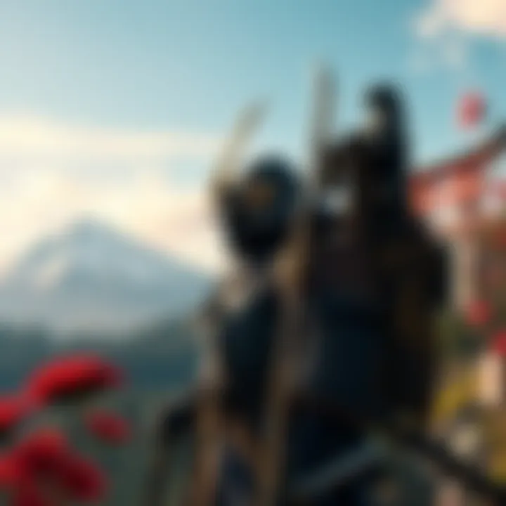 Samurai in Ghost of Tsushima A samurai in traditional armor stands in a beautiful Japanese landscape, contemplating his next move, with mountains in the background.