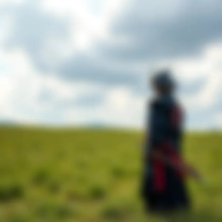 A samurai stands in a grassy field, holding a katana, showcasing a minimalist approach to weaponry.