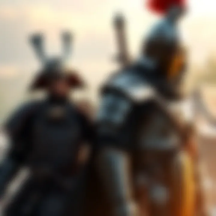 A samurai warrior in traditional armor stands ready for battle beside a medieval knight clad in armor, both looking towards an adventure