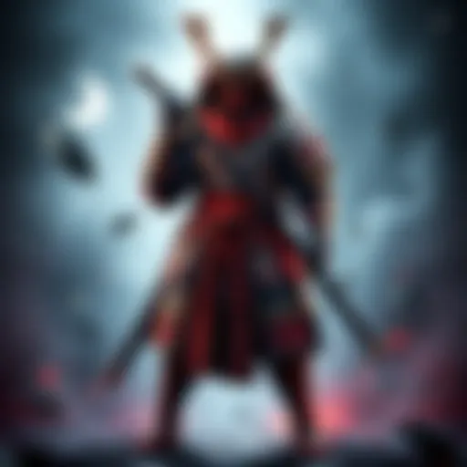 A character wearing a unique blend of samurai and ninja armor styles, showcasing vibrant colors and intricate designs, standing in a dynamic pose.