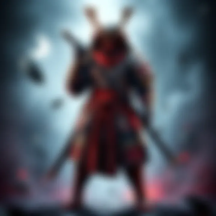 A character wearing a unique blend of samurai and ninja armor styles, showcasing vibrant colors and intricate designs, standing in a dynamic pose.