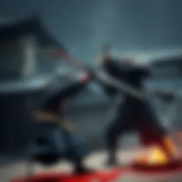 A samurai wielding the Oni Gauntlet engages in swordplay against Genma in a dark, historic Kyoto setting.