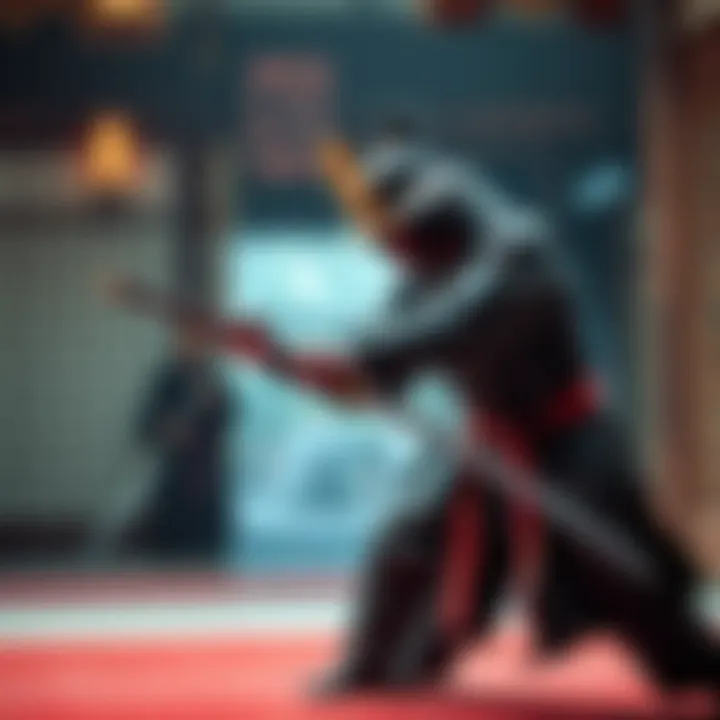 A samurai in traditional attire demonstrating combo sword techniques in a dojo