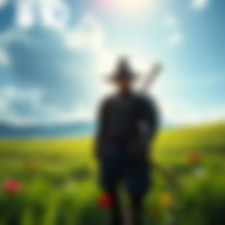 A samurai stands confidently in a lush green field under a blue sky, ready for battle, representing the story of Ghost of Tsushima.