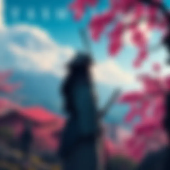 A samurai stands in a beautiful landscape of Tsushima, surrounded by cherry blossoms and mountains, reflecting on his journey.
