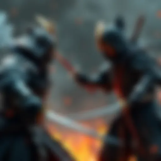 A dramatic scene showing a Samurai and a Ninja facing off in a tense final boss battle, with swords drawn and an intense atmosphere.