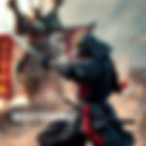 A samurai warrior in traditional armor, wielding a katana, poised for battle against a formidable boss character in a video game setting.