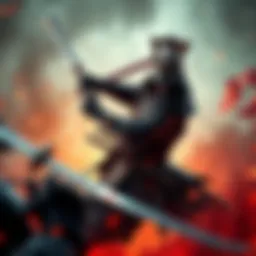 A fierce Samurai warrior in traditional armor wielding a katana, engaged in combat against enemies in a vibrant, dynamic scene.
