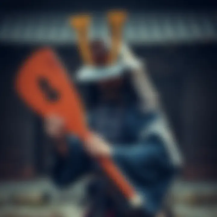 A samurai holds a wooden paddle-like weapon in a traditional pose, showcasing its unique design and historical significance in Japanese combat.