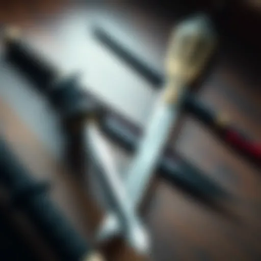 A close-up view of a sword, odachi, and spear arranged on a wooden surface, showcasing their unique designs and features.
