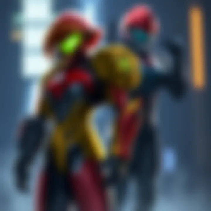 Samus Aran poses in her Power Suit and Zero Suit, showcasing the design and features of both outfits.