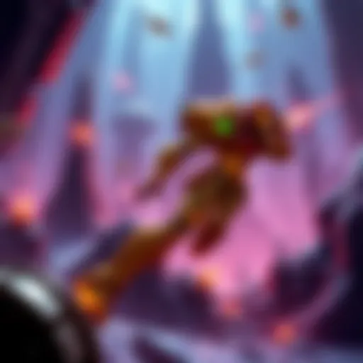 Samus Aran exploring an alien landscape Samus Aran in her Power Suit traversing a detailed alien world with enemies and obstacles around her