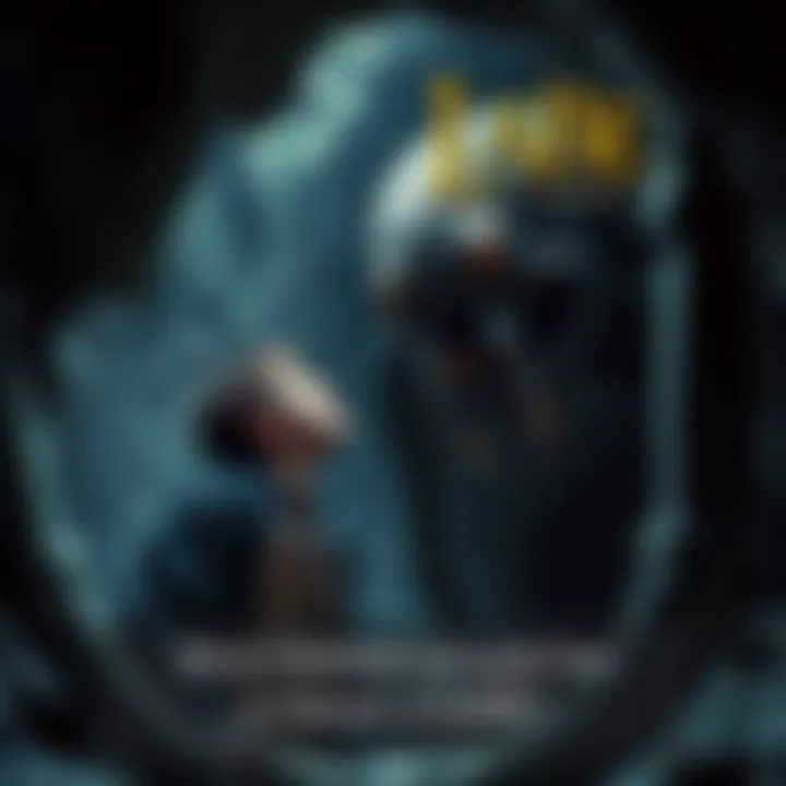 Samwise Gamgee confronts the giant spider Shelob in a dark tunnel, showing determination and fear