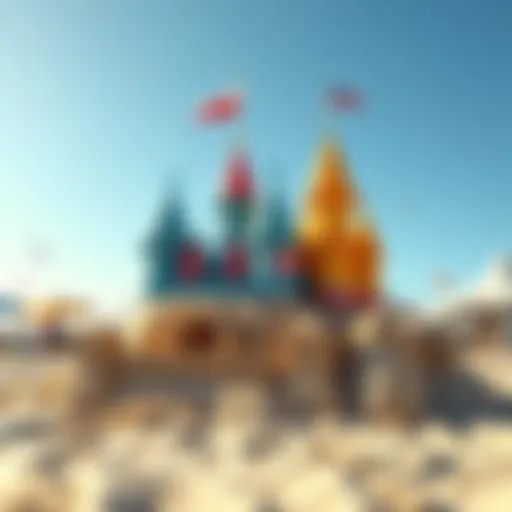 Colorful sand castles on a sunny beach, with people gathering around to rate them.