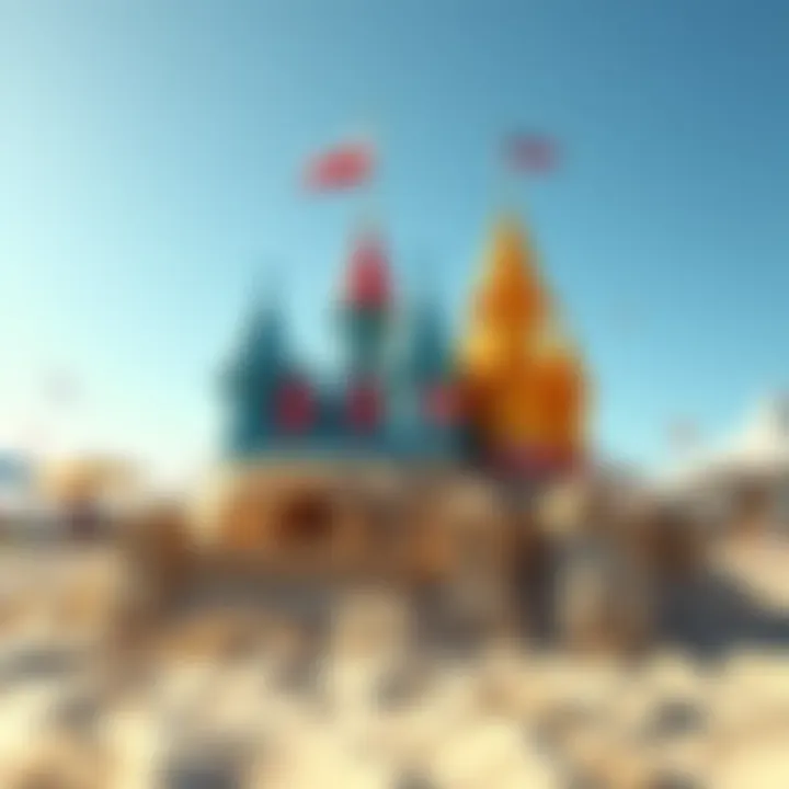 Colorful sand castles on a sunny beach, with people gathering around to rate them.