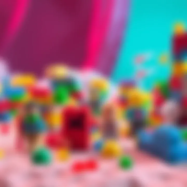 A vibrant scene featuring various building blocks and playful characters in a sandbox environment, showcasing creativity and fun.
