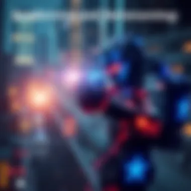 A digital scene showing a character using sandevistan abilities while engaging in netrunning, with glowing cybernetic elements and a futuristic city backdrop