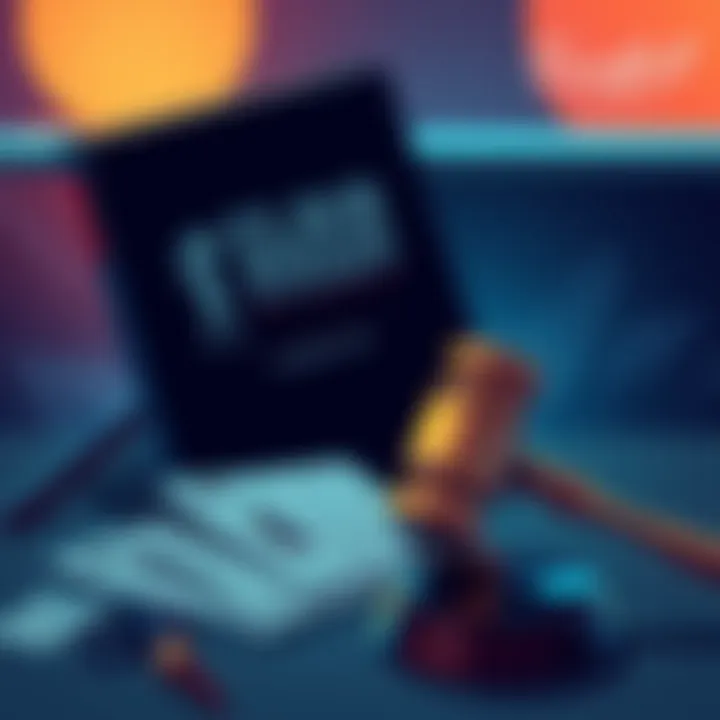 An illustration showing Sandfall's logo and a comic book titled 'Clair Obscur Academy' with a gavel and legal documents to represent the lawsuit against Olivier Gay.