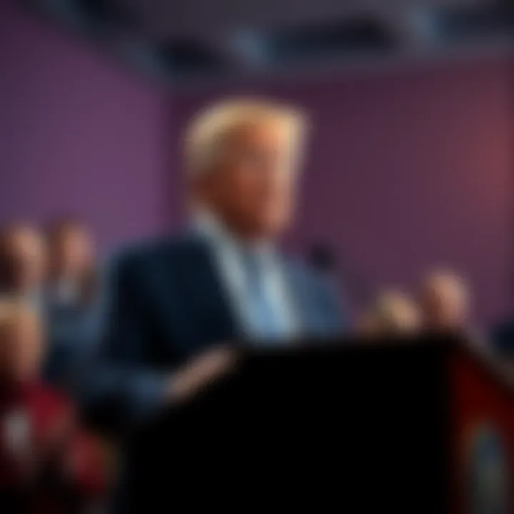 A calm and composed politician speaking at a podium, surrounded by supporters, emphasizing a balanced approach to leadership.