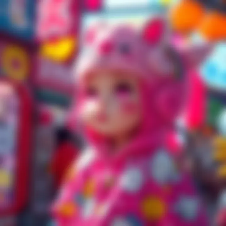 A character wearing a vibrant Sanrio skin, showcasing playful designs and nostalgic elements, set against a bright background