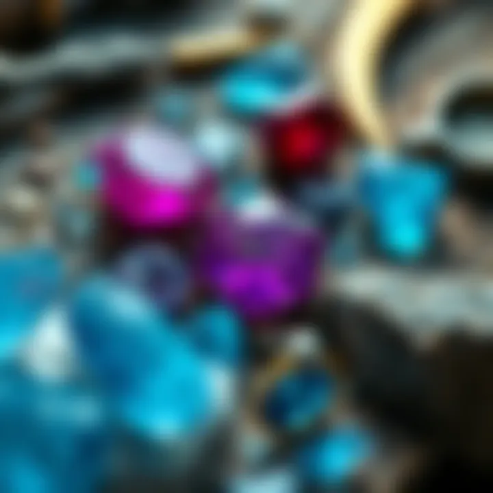 A close-up of sparkling Sappheline gems on a wooden surface, with some rough stones and tools around them.