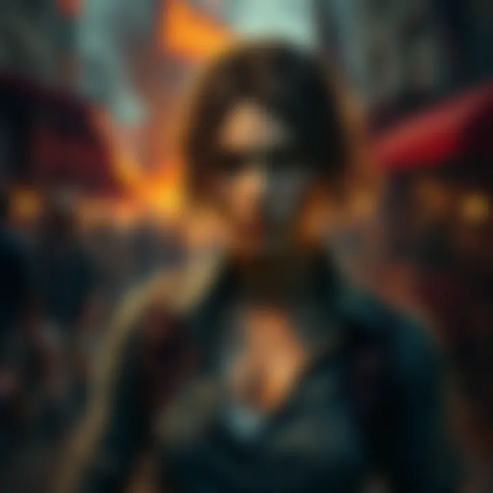 Sarah stands with a cold expression, reflecting on her past military experience while facing the chaos of the outbreak around her.