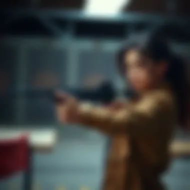 A young woman named Sarah stands at a shooting range, focusing on her target while holding a gun, looking determined.