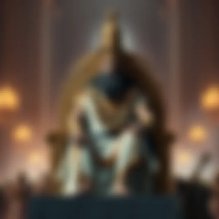 A historical figure representing Sargon seated on a grand throne, wearing traditional ancient attire and a crown, symbolizing leadership and power.