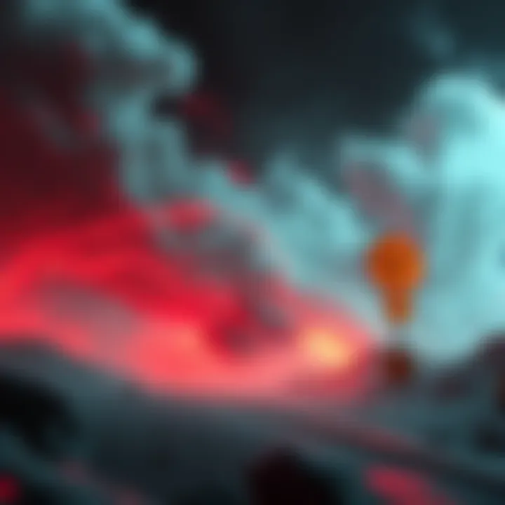 A visual representation of the Saryn Hazard, showing environmental impact and safety warnings with swirling winds and hazardous signs.