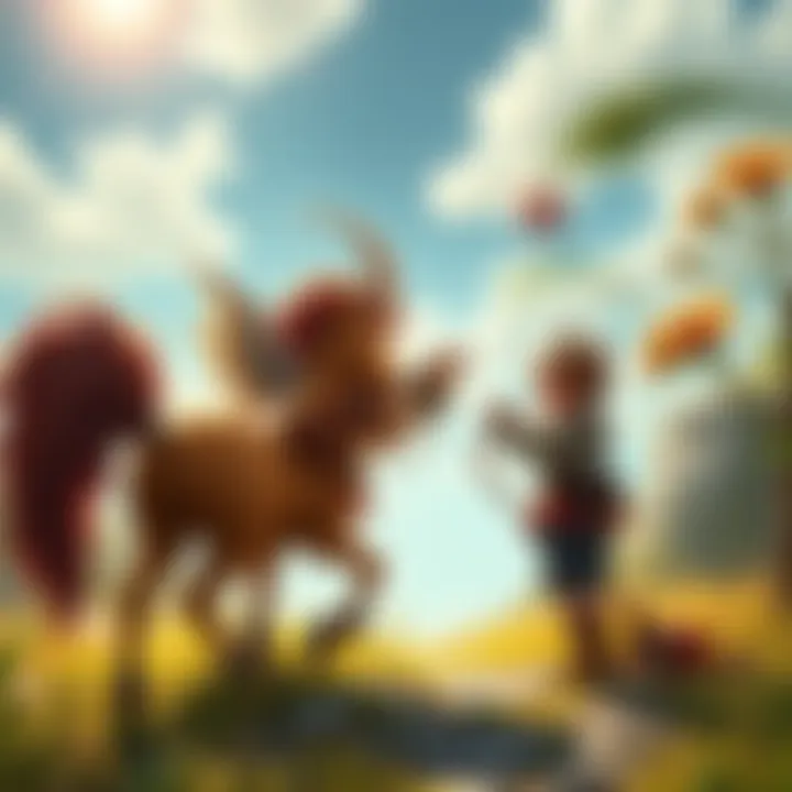 Sascha, a wild centaur from Germany, joyfully playing music while guarding a child named Teddy in the magical Fae Wilds.