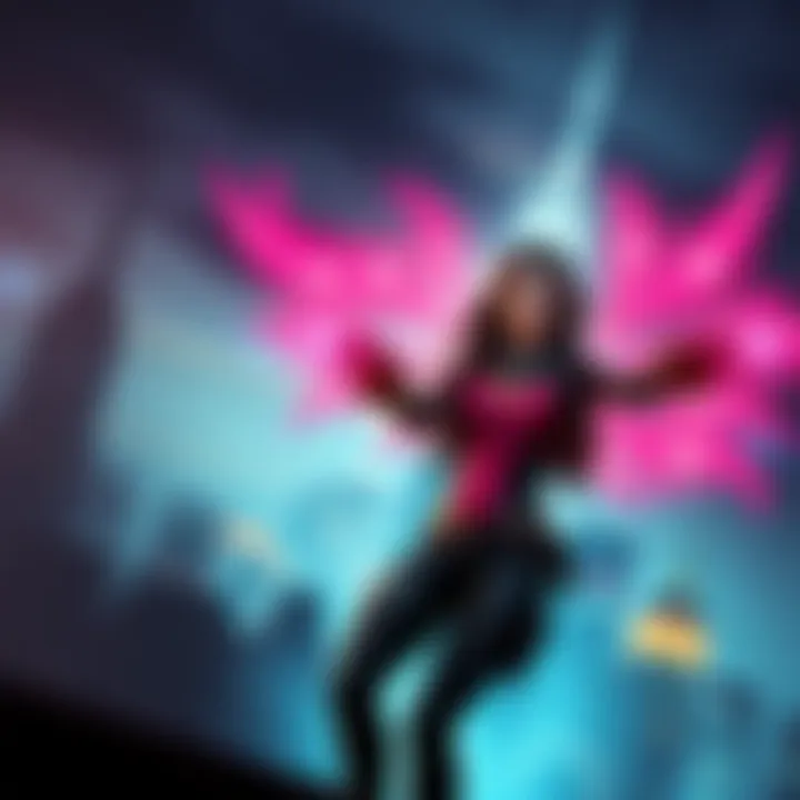 A concept art of a character named Sasha, styled with vibrant powers, standing confidently alongside a city skyline, hinting at her potential as a sidekick in a video game.